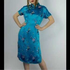 Oriental Cheongsam Dress Geisha Costume Satin Floral Print Aqua Double Peach